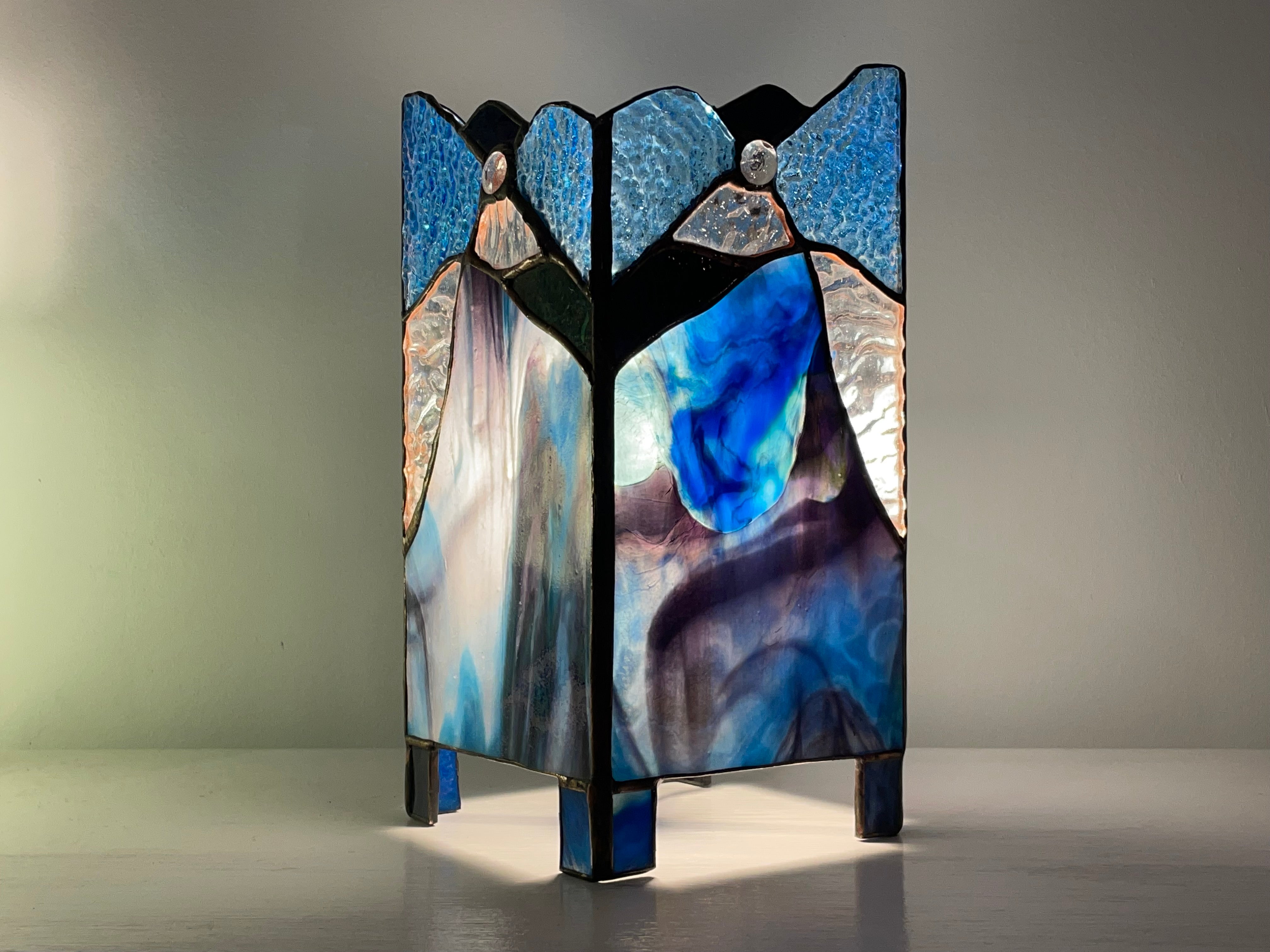 Organic abstract stained glass lantern handmade by Vermont artist, Julia Brandis.