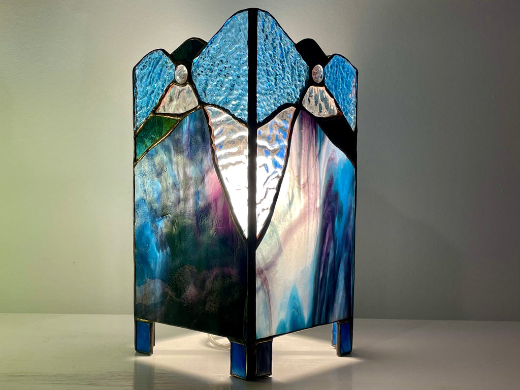 Organic abstract stained glass lantern handmade by Vermont artist, Julia Brandis.