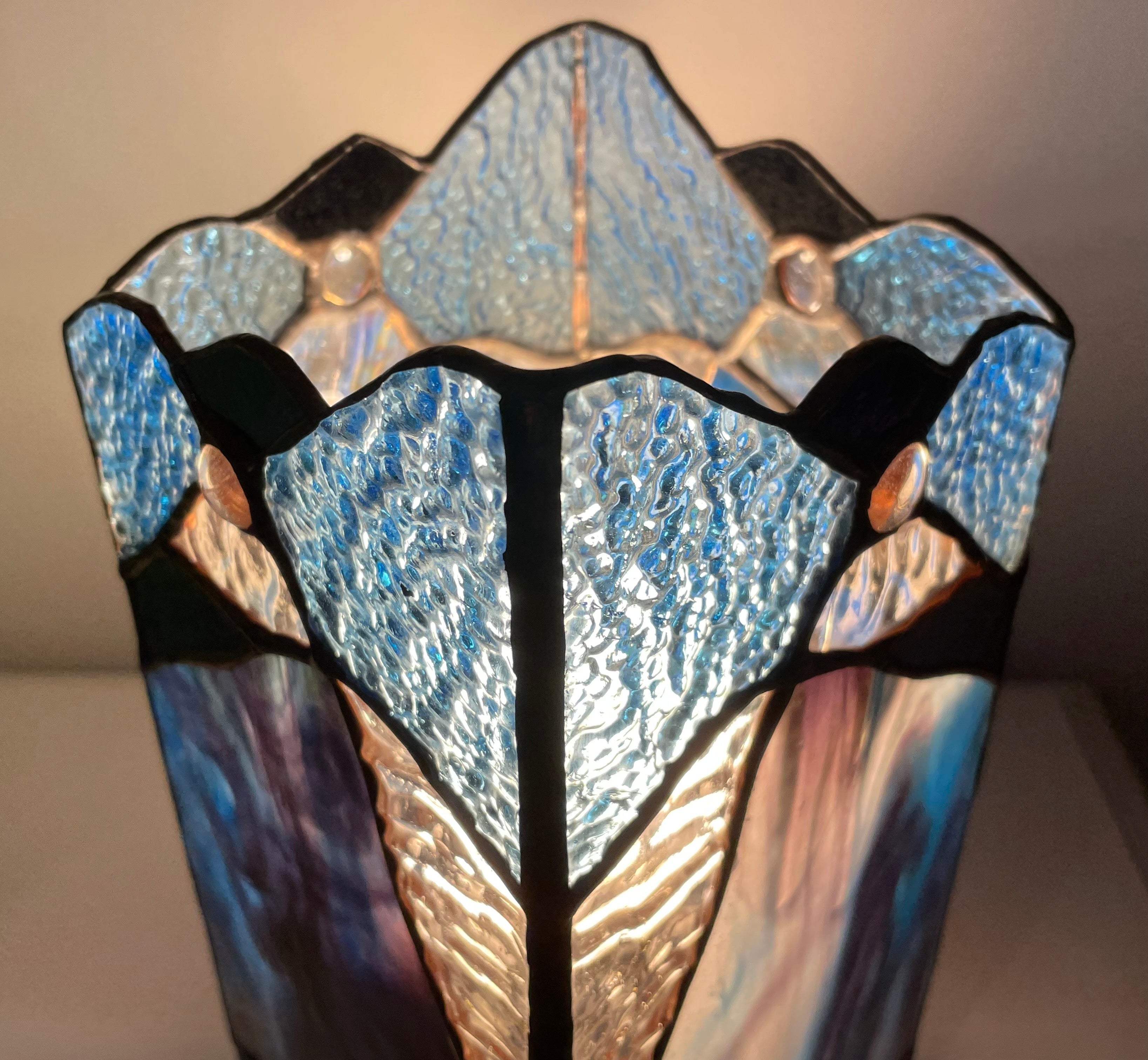 Top view of an organic abstract stained glass lantern handmade by Vermont artist, Julia Brandis.