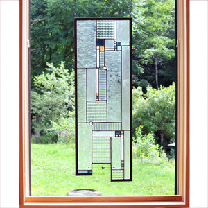Large stained glass panel with architectural lines. Abstract, Mission style/  Prairie style