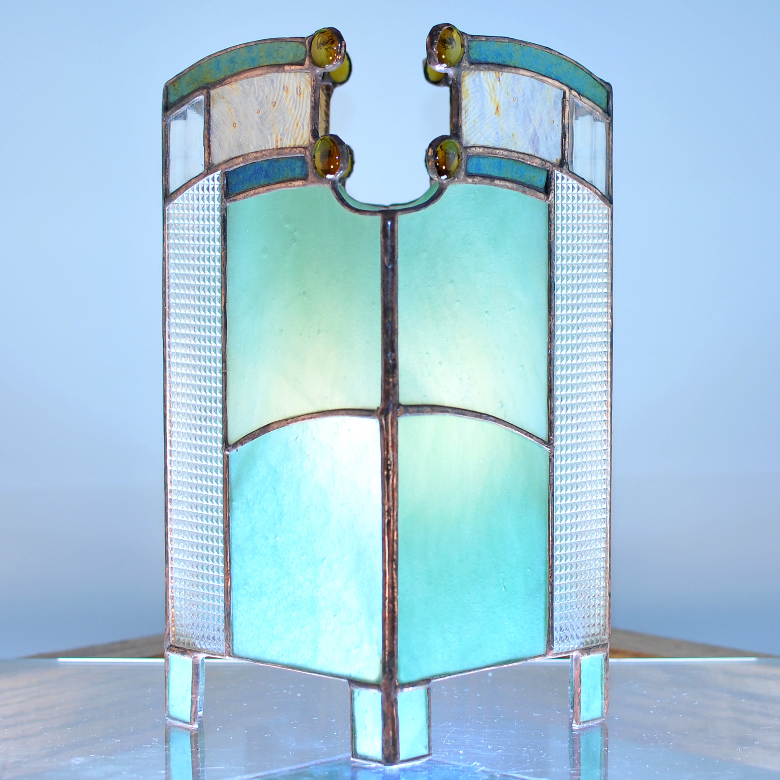 Small stained glass lamp/ lantern  with architectural lines. Mission style / Prairie style.