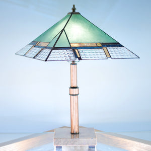 Large stained glass lamp made by Vermont artist Julia Brandis. Mission style / Prairie style.