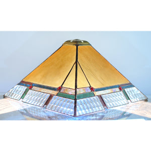 Large stained glass lamp made by Vermont artist Julia Brandis. Mission style / Prairie style.