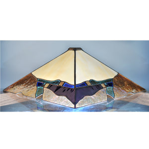 Large stained glass lamp with organic and architectural lines made by Vermont artist Julia Brandis. Mission style / Prairie style.
