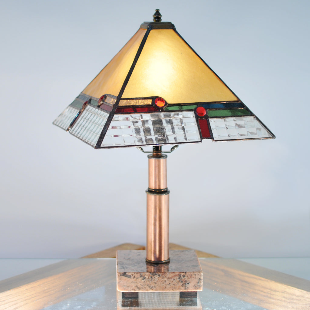 Small stained glass lamp/ lantern  with architectural lines. Mission style / Prairie style.