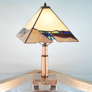 Small stained glass lamp with organic and architectural lines. Mission style / Prairie style.