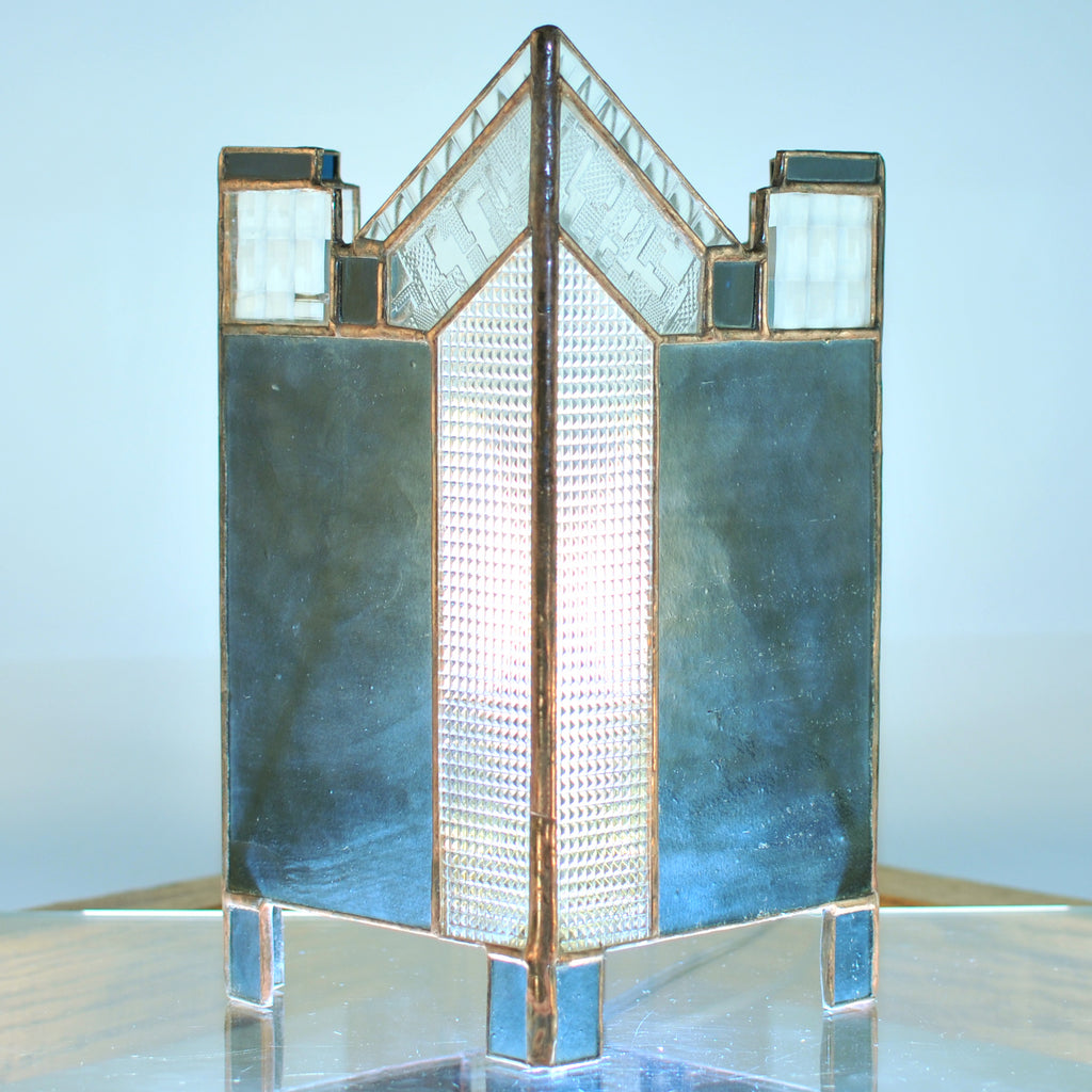 Small stained glass lamp/ lantern  with architectural lines. Abstract, Mission style / Prairie style.