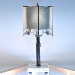 Large stained glass lamp made by Vermont artist Julia Brandis. Abstract, Mission style / Prairie style.